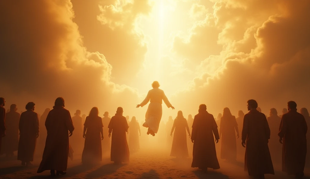  An image depicting the Rapture,  with people being taken to heaven , surrounded by light , in a heavenly environment.