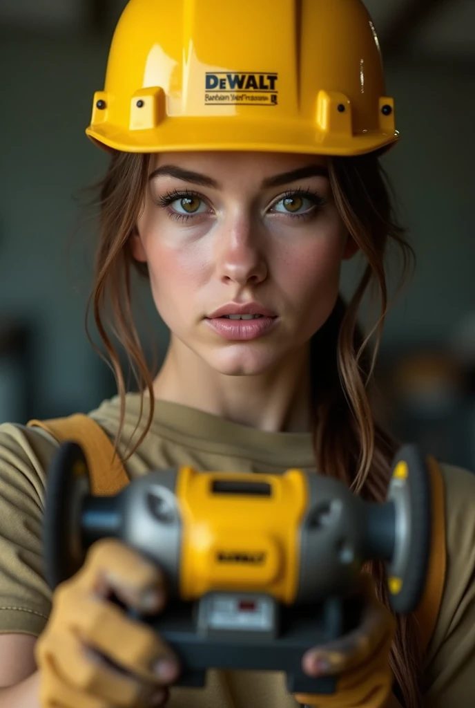 a beautiful girl of Slavic appearance in a yellow helmet holds a yellow grinder and a DeWalt screwdriver in her hands