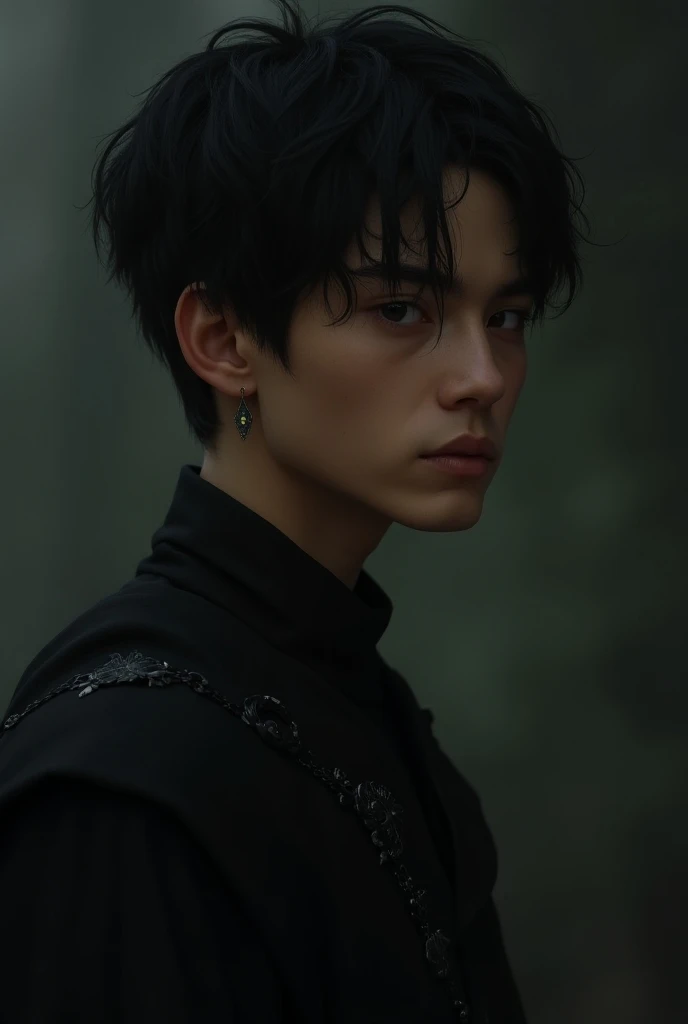  A man in his 20s ,  soft and delicate features , slim and weak body .  Of brown skin and black hair ,  wearing dark medieval clothes