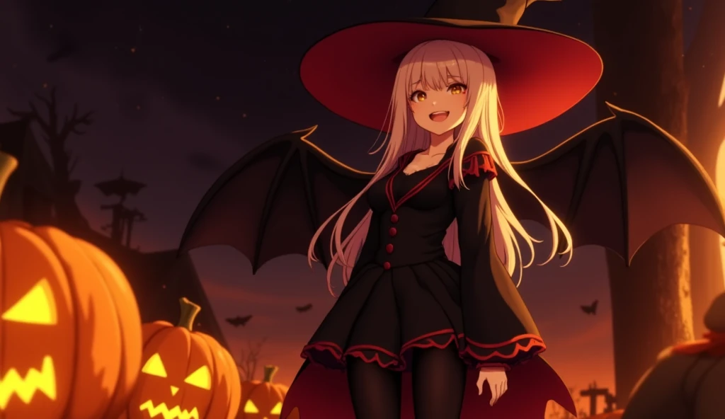 A Halloween themed anime of a girl in a witch costume. Halloween decoration of pumpkins can be seen. The girl smiles brightly.