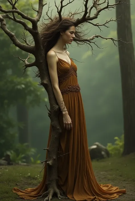 Brown dress that looks like a tree with roots and branches in the hair 