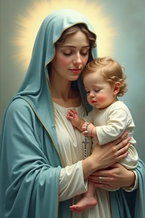 Mary the mother of Jesus with a rosary in her hand. She has a baby blue robe and is taking care of ren.