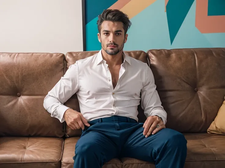 shot by Sony a7 IV Mirrorless Camera, natural light, analog film photo, Kodachrome , handsome men ,Long sleeve shirt and loose pants .sofa
