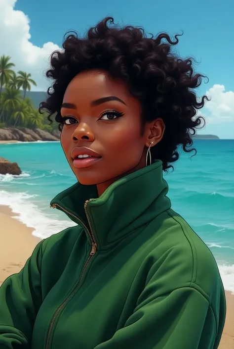 black woman, blue may , beach ,  wearing a green fleece on the back ,  detail of corals in May  , showing the barrier  