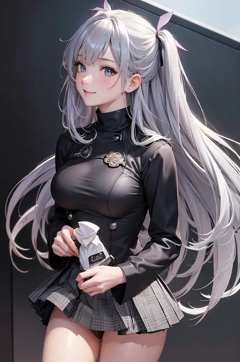 ( Best Quality, High Resolution ,8k,inelity detailed background, Masterpiece:1.2),beautiful girl,Big Breasts,(Glossy romance gray hair:1.3),long hair,messy hair,Beautiful grey eyes,school uniform, navy blue jacket, checkered pattern skirt, black tights,((z...