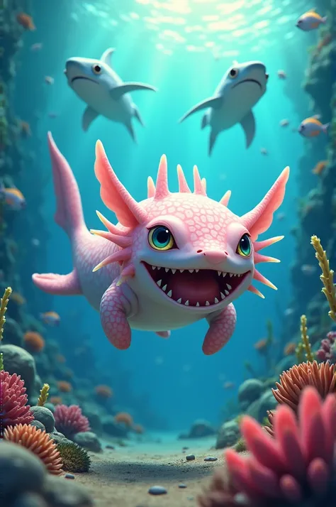 Give me an image where an Axolotl races with a shark and his family supports him