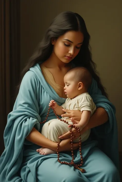 Mary the mother of Jesus with a rosary in her hand. She has a baby blue robe and is taking care of ren. Shes brown and so are the s.