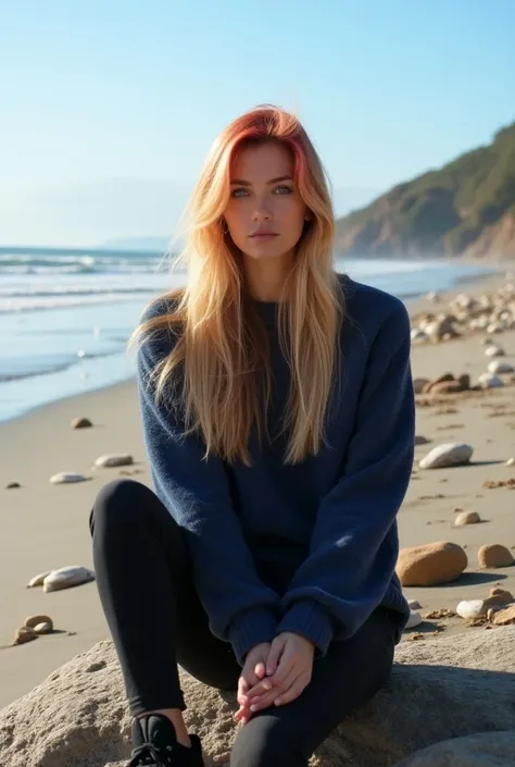 A Caucasian woman with long, straight blond hair with red touch wearing a dark blue sweater and black sneakers, siting on a stone on a beach during an clear fall day, surrounded by scattered sea shells, with a blue sky above.