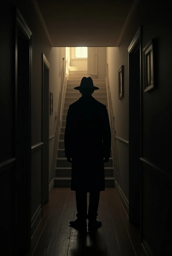 Dark corridor of a beautiful and simple house ,  detective about to choose between 2 doors or climb a staircase that leads to the 2nd floor of the house