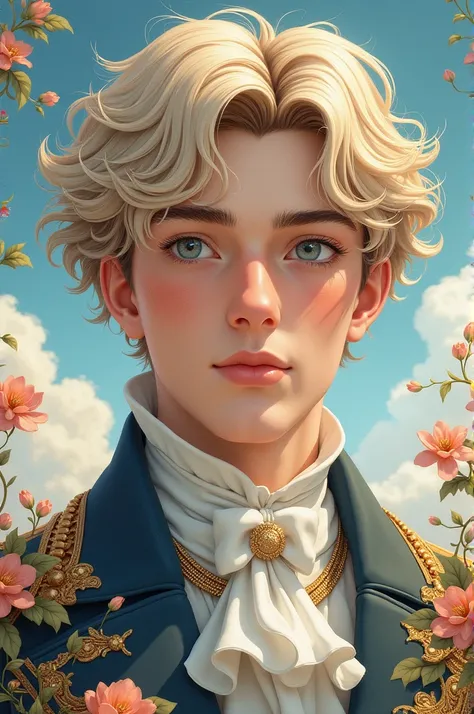 современный дружелюбный красивый man 20 лет  рококо , High definition ,  high detail, watercolor, fairy tale, full face, man, light wavy hair ,expressive detailed gray eyes , magic, magic, the world of dreams,  sky, filigree,  hyperdetail ,  elegance high ...