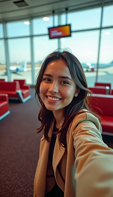 airport waiting room atmosphere, airport waiting, red armchairs, red armchairs neatly arranged in a line, flight time screen, large bay window, seen on a single plane, selfie, 24 year old woman, woman taking a selfie, happy woman, eyes sparkling with joy, ...