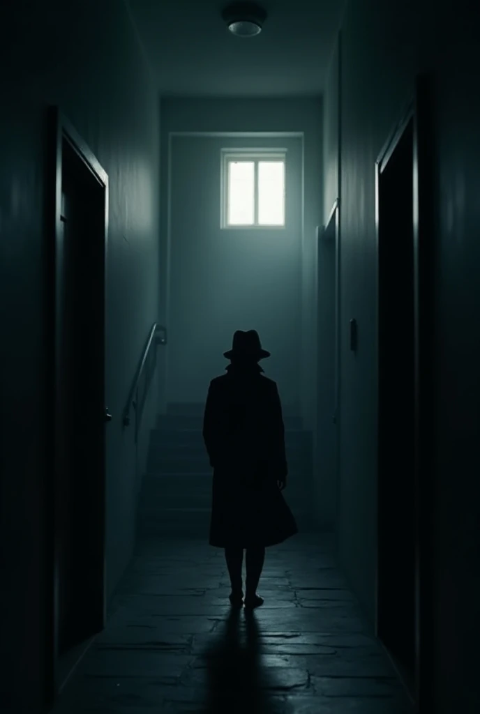 Dark corridor with low lighting in a beautiful and simple house ,  detective about to choose between 2 doors or climb a staircase that leads to the 2nd floor of the house with a window that shows a beautiful moonlight