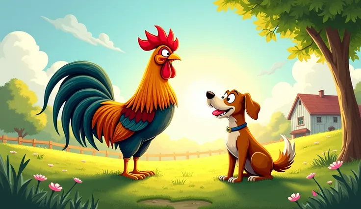 A rooster, a dog, smiling face, on a lawn on a farm, rens animation style