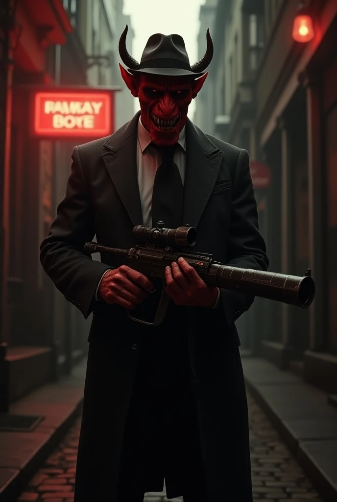 Create a picture of a Red Devil as a mobster in the 50s wearing a suit and hat in the style of the Peaky Blinders with a machine gun