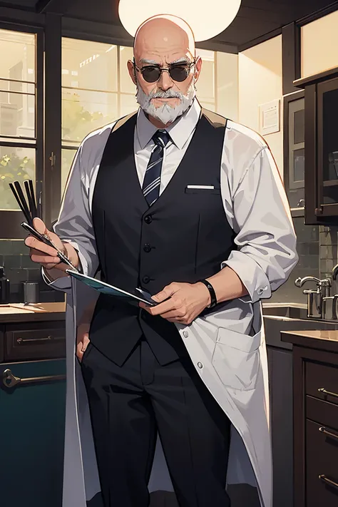 scientist, old man, bald, white beard, slim face, rimless glasses, wears tie, shirt and trousersearing glass sunglasses with stars and the moon on the glass