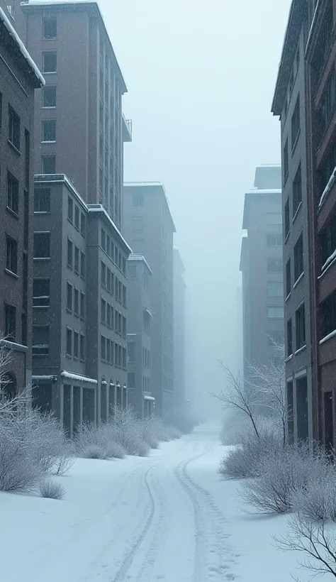 Abandoned buildings with vertical snow