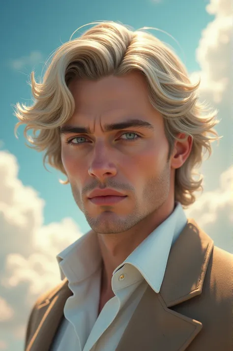 1 elegant handsome friendly man, frontal view, light wavy hair, expressive detailed grey eyes, magic dream world, sky, rococo style, fantasy, watercolor, aristocratic, best quality, 4k, 8k, highres, masterpiece:1.2, ultra-detailed, realistic:1.37, HDR, UHD...