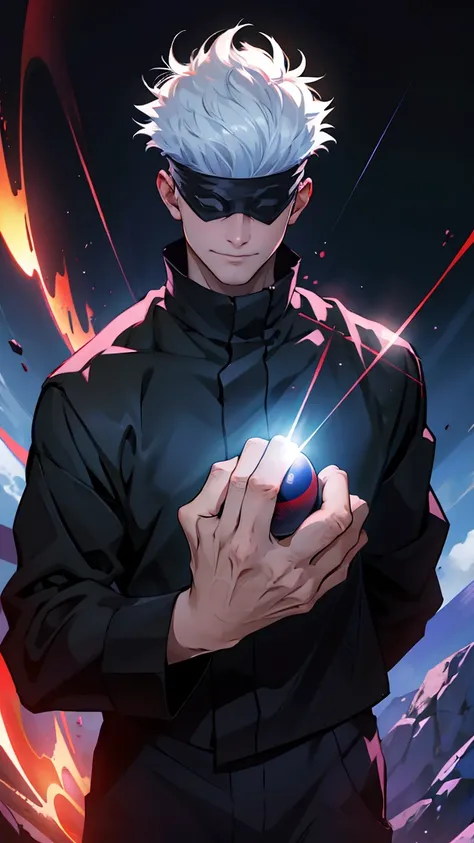 1boy, satoru gojo, blindfold, black outfit, white hair, standing, red cursed energy ball in right hand,blue cursed energy ball in left hand, smirk, red and blue energy background, wallpaper, cinematic,High resolution 8K, Bright light illumination, lens fla...