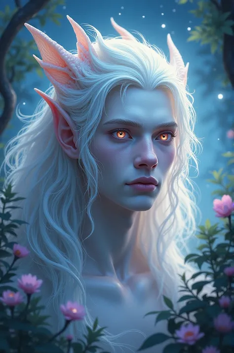 A highly detailed and realistic portrait of a handsome man with dragon-like features, depicted in a beautiful fantasy landscape with a watercolor style, featuring large eyes, long white hair, and pale skin. The artwork has a masterful, hyperrealistic quali...