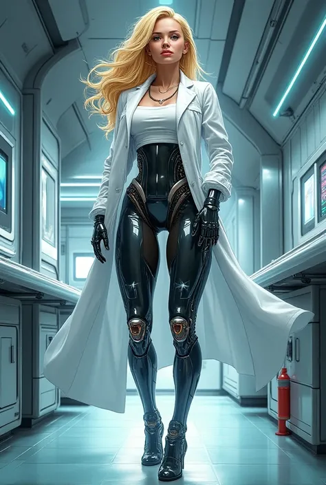 A blonde woman half human and half robot and who is a doctor in comic style 