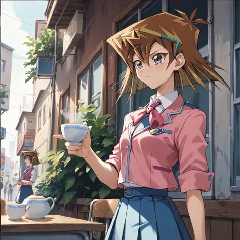 16yo woman, (tea gardner "yu-gi-oh":1.34) short brown hair, wearing a pink school uniform, blue skirt, standing in the school ya...