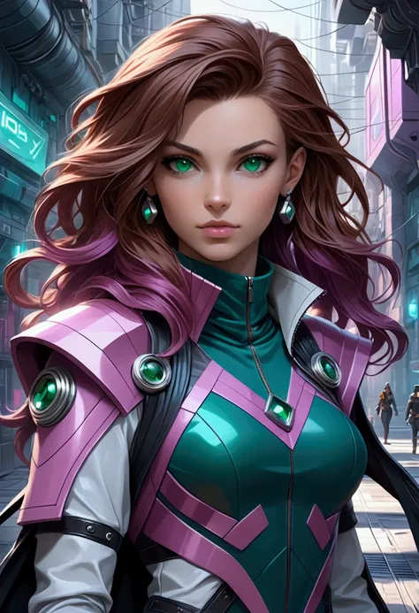 ( High quality: 1.3), cinematic plan, masterpiece, (sharp focus: 1.5), ( photorealistic : 1.3), average portrait of (young woman,  around 25-30 years old ,  long and wavy reddish brown hair , vivid and expressive emerald green eyes .  Wearing geometric and...