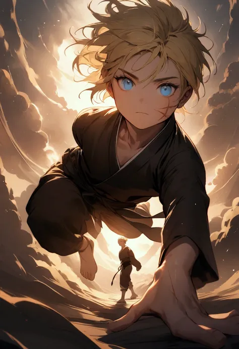 create a young martial artist boy, blond with blue eyes, with tight clothing, with a scar on his face