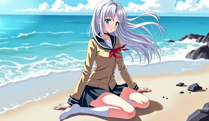 ((masterpiece)), ((best quality)), ((highres)), ((extremely detailed CG unity 8k wallpaper)), solo, tachibana kanade, tan school uniform, black skirt, white socks, outdoors, face, curtained hair, beach, parted hair, silver hair, sexy feet