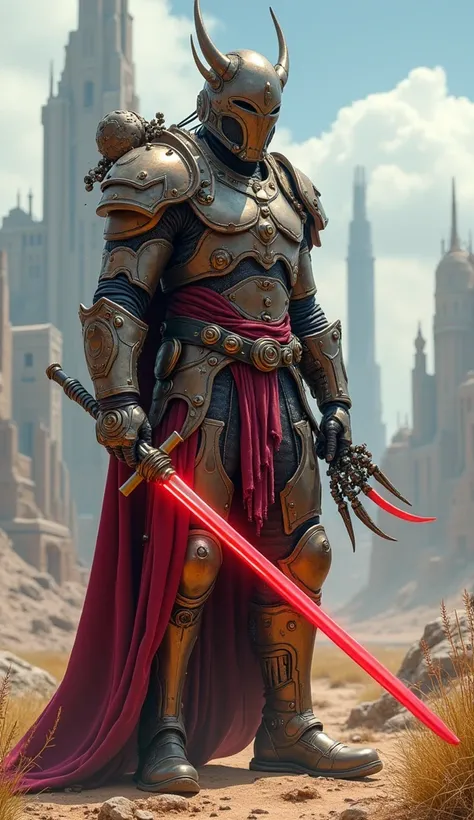  Imagine an Argentinian cyberpunk SITH Viking with metallic armor adorned with leather elements,  representing the traditional Pampas style .  His body is covered by bronze and copper gears , with details in red and purple . In one hand,  he holds a red li...