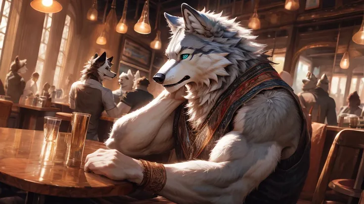 a white thick furry wolf with gray-blue eyes sitting in a cafe with a green-eyed white furry fox, detailed face and fur, realistic, photorealistic, 8k, highly detailed, masterpiece, cinematic lighting, vibrant colors, intricate details, stunning compositio...