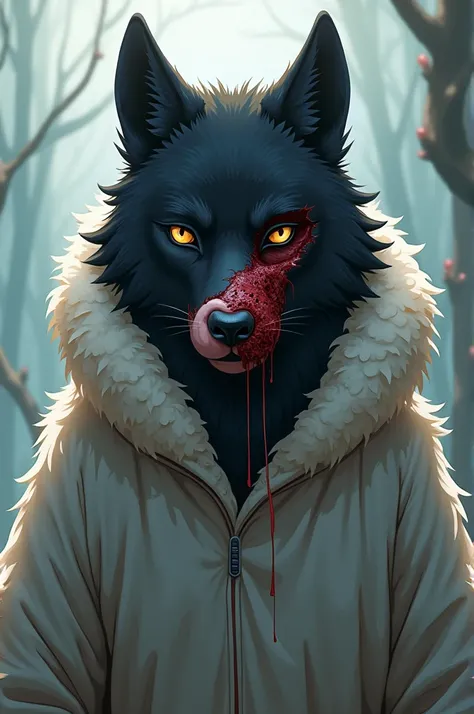 Make a black wolf in sheeps clothing with a torn face in anime style