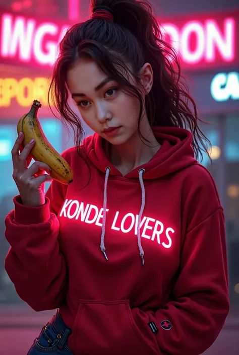 Brunette  with curvy body, wearing a red hoodie, hair in ponytail, Deadpool logo and letter neon light letter "KonDe LoVers" at her chest , hold a big banana , background letter "MEGALODON"