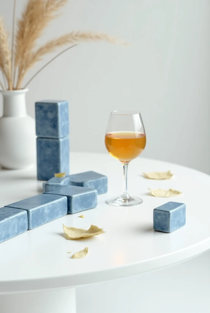 White table with blue domino ceramics on top and a glass of passion fruit liqueur next to it 