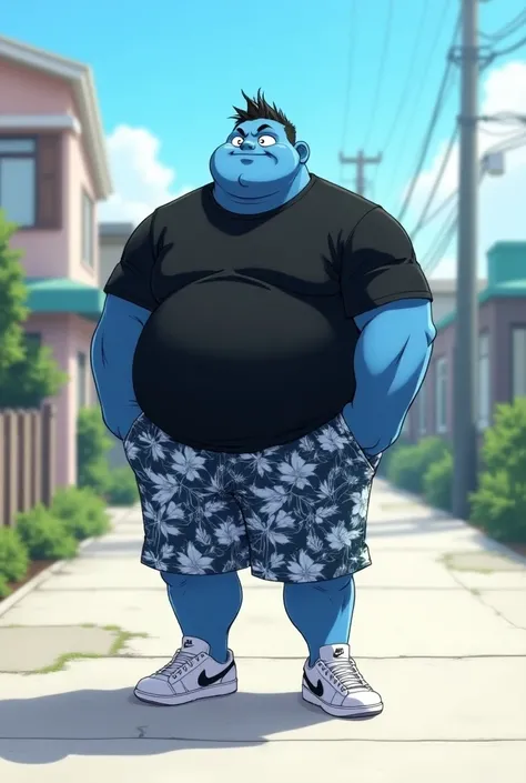 Chubby man, in Anime, muscular, with thin hair, blue skin, wears his black T-shirt, with Hawaiian shorts, and with white Nike shoes on it, standing in the sidewalk far from the beach