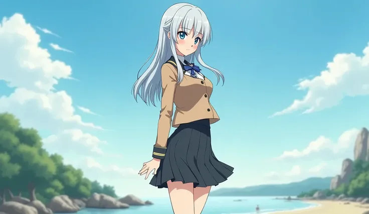 ((masterpiece)), ((best quality)), ((highres)), ((extremely detailed CG unity 8k wallpaper)), solo, tachibana kanade, tan school uniform, black skirt, white socks, outdoors, face, curtained hair, beach, parted hair, silver hair, sexy bare feet