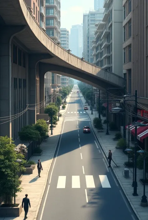  blocks based on the attached image the same more detailed and realistic scene seen from the top of this corner with a curving street and the other streets passing under a corner tunnel, The new image should have more details such as building and sidewalks...