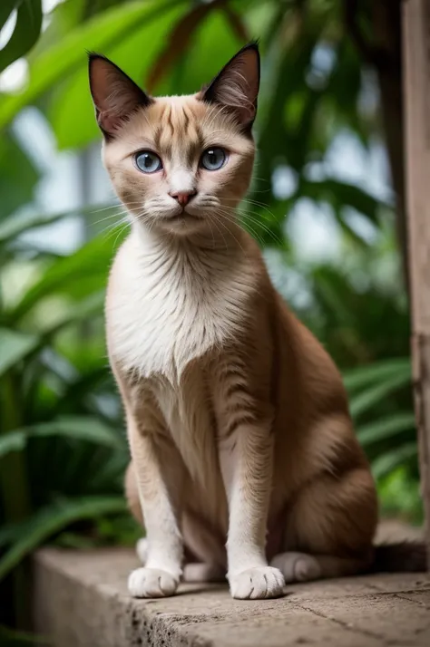  camera settings create a dynamic image of a Siamese cat , friendly and friendly,  amidst lush greenery on a sunny day,  f /8, 1/100s , ISO 100, complex lighting, background light, 
cinematic lighting , global illumination,  ultra high resolution,  realist...