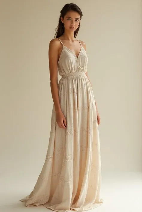 Create a long beige linen dress that the entire dress is filled with a Greek meander design