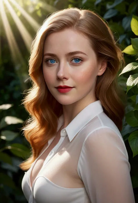 A highly realistic, photorealistic portrait of a 20-year-old German woman with striking blue eyes and vibrant red lips. She has long eyelashes, soft skin, and delicate facial features, Identical to Those of Amy Adamss. A mid-body Photo of a woman standing ...