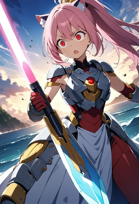 score_9,score_8_up,score_7_up,rating_safety,masterpiece,best quality,higher detailed,super fine illustration,8k,dynamic angle,BREAK 1girl,pink hair,ponytail,cat ears,red eyes,crazy eyes,flat chest,BREAK battle armor,BREAK (holding_battle beam sword:1.4),BR...