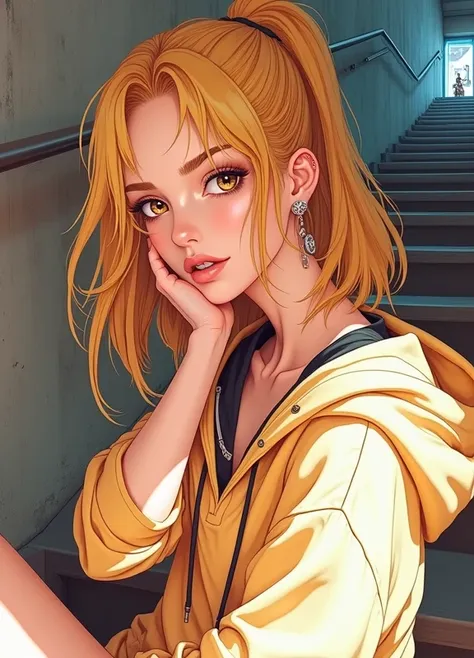 Masterpiece, 4K wallpaper, Masterpiece sThe , ( Subject  ( 1girl, A cute women with beautiful blond hair, wearing an youth stylist oversized hoodie fashion, yellow and black stylist fashion, jumper hoodie and short solid cotton trousers, color parlete styl...