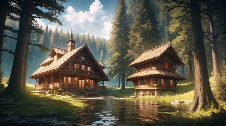 anime aestetics, a huge beautiful eastern europe wooden house, a liitle lake, dark forest with huge trees on the background, bright skies, mistic atmosphere, creative architecture, breathtaking view, wide shot, atmospheric perspective, perspective, best qu...