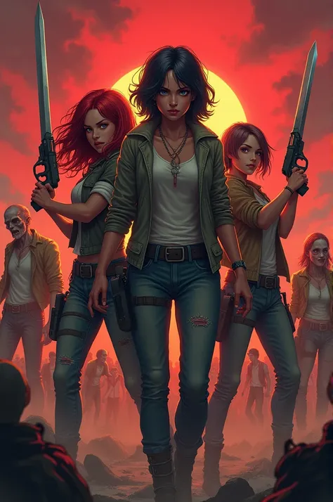  A 22-year-old girl with deep red hair long to her hips , purple-eyed. 15-year-old teenager with short black hair , blue-eyed.  Young woman with short reddish brown hair to the shoulders , green-eyed.  The three of them killing zombies with swords and guns...