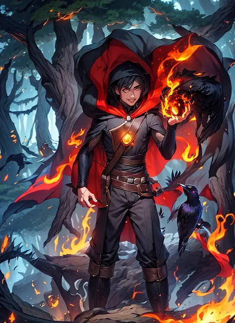 arcane wizard, in a forest, wearing a cape and hood, glowing eyes, a fireball in his hands, a raven, 2D anime style.