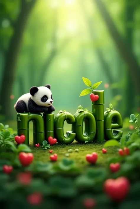 Un rendu 3D du nom "Nicole" écrit dans une police inspirée du bambou. Chaque lettre est ornée dune petite feuille verte vive. Un adorable bébé panda repose sur la lettre "H". Latmosphère est sublimée par des cœurs rouges délicats avec des bords scintillant...