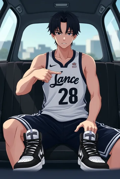 1 Korean young man，male people，20yr old，tall，height is 180 cm，Hair is medium length，White and black jersey，black and white short, basketball shoes，Sit on the front car，Point to shoes，AJ basketball shoeadass anime 8k，POV perspective，Arrogant，Cold, jersey na...