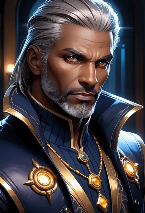 "( High quality: 1.3), cinematic plan, masterpiece, (sharp focus: 1.5), ( photorealistic : 1.3), average portrait of (dark brown man,  with mature and wise features ,  aged silver hair ,  with subtle highlights that reflect the surrounding lighting . deep ...