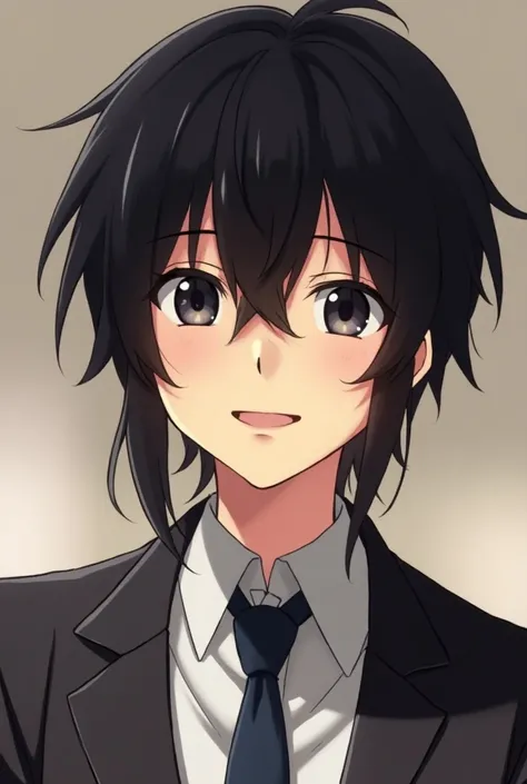  Anime boy of approximately 18 years old with fairly long dark hair color almost covering his dark eyes, With uniform 
And smiling 