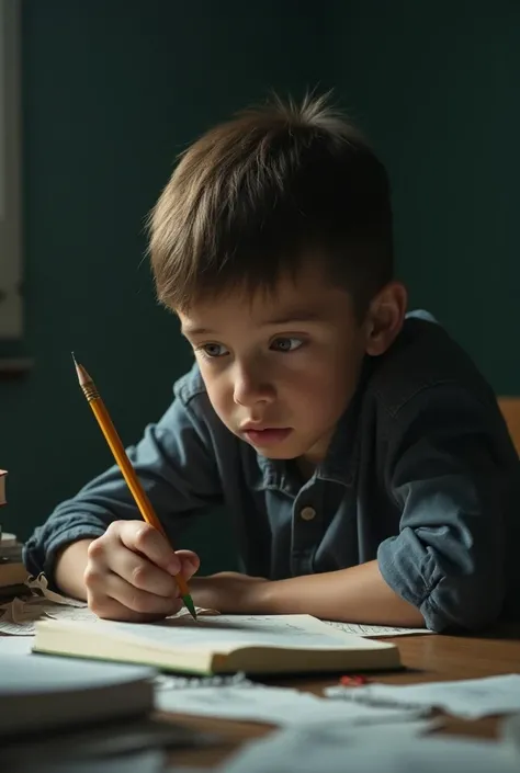 A montage of the boys struggles in school, including failed tests and moments of frustration, juxtaposed with scenes of him holding the pencil.