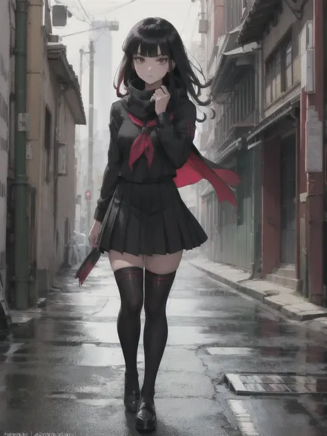 oryou, black scarf, red neckerchief, black serafuku, black shirt, black skirt, red thighhighs
